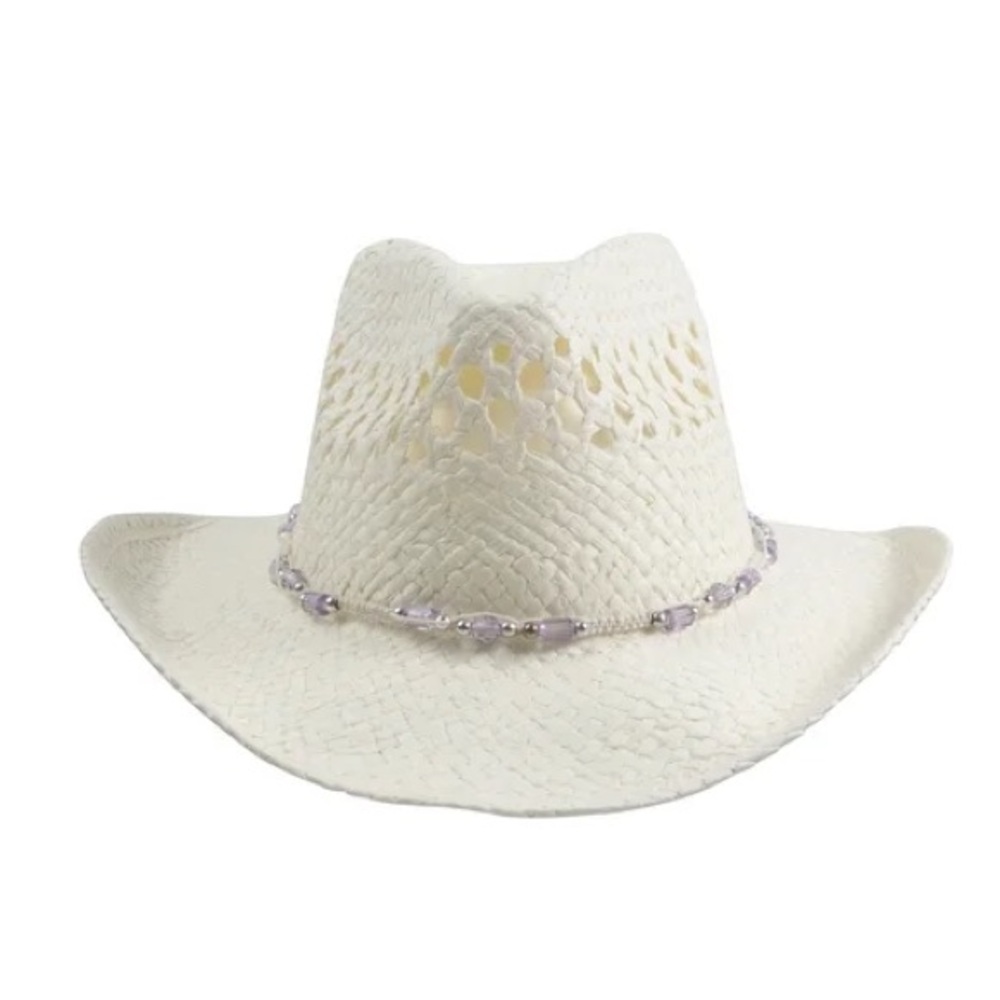 White Straw Cowboy Hat with Beaded Trim